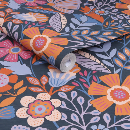 Graham & Brown Oopsy Daisy Blue Lilac Tangerine Blue Wallpaper (122373)