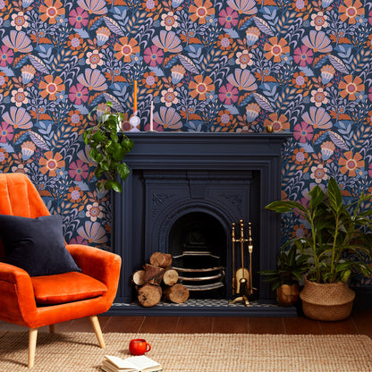 Graham & Brown Oopsy Daisy Blue Lilac Tangerine Blue Wallpaper (122373)