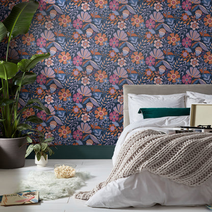 Graham & Brown Oopsy Daisy Blue Lilac Tangerine Blue Wallpaper (122373)