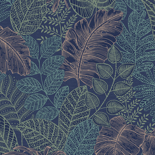 Papel pintado de hojas dispersas Graham &amp; Brown azul/cobre (122422)
