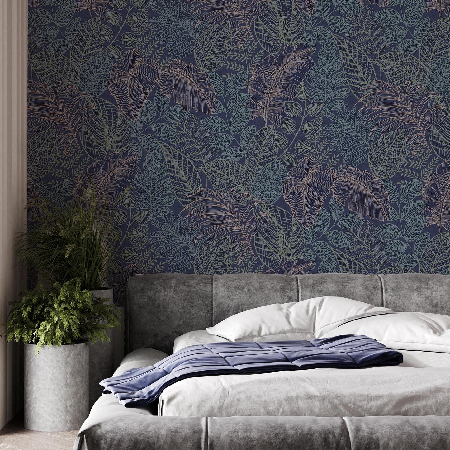 Graham & Brown Scattered Leaves Blue/Copper Wallpaper (122422)