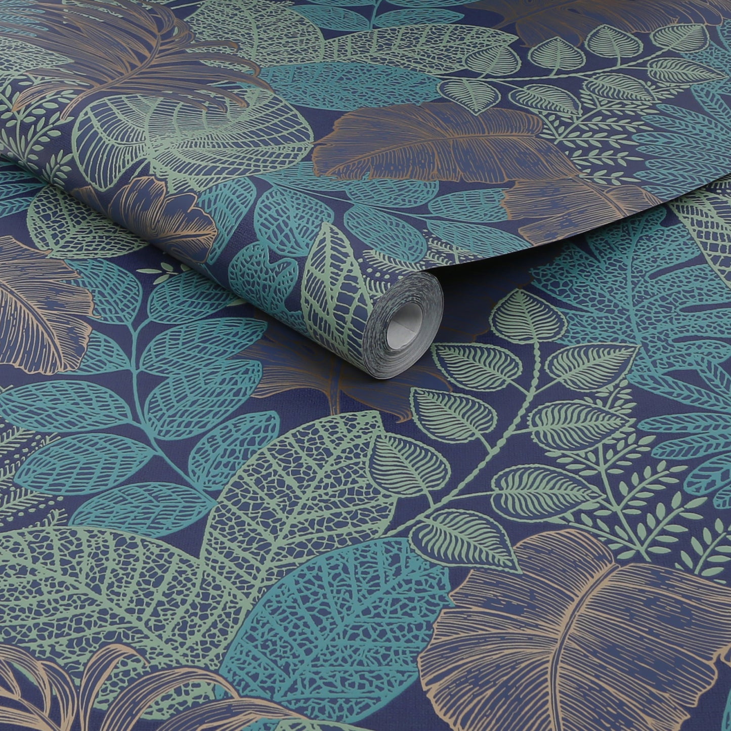 Papel pintado de hojas dispersas Graham &amp; Brown azul/cobre (122422)