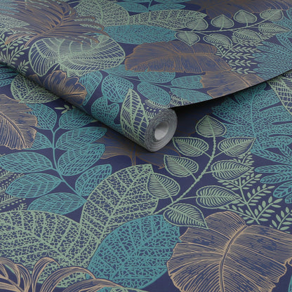 Graham & Brown Scattered Leaves Blue/Copper Wallpaper (122422)