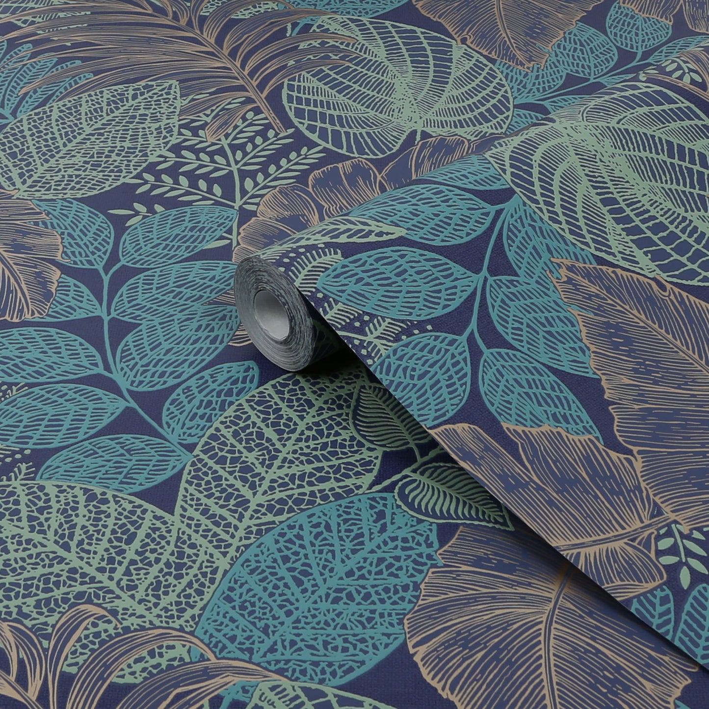 Graham &amp; Brown Papier peint à feuilles dispersées, bleu/cuivre (122422)
