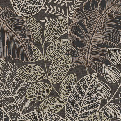 Graham & Brown Scattered Leaves Charcoal/Gold Black Wallpaper (122425)