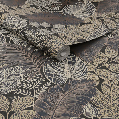 Graham & Brown Scattered Leaves Charcoal/Gold Black Wallpaper (122425)