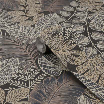 Graham & Brown Scattered Leaves Charcoal/Gold Black Wallpaper (122425)