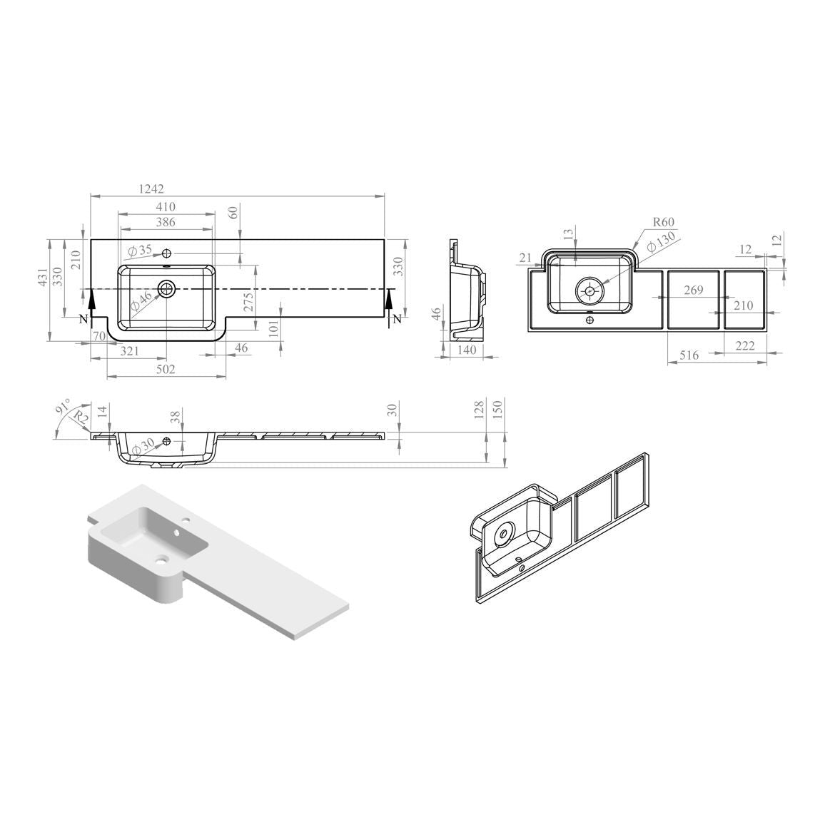 Paquete de unidad de lavabo e inodoro Berry de 1242 mm (derecha) - Ceniza índigo