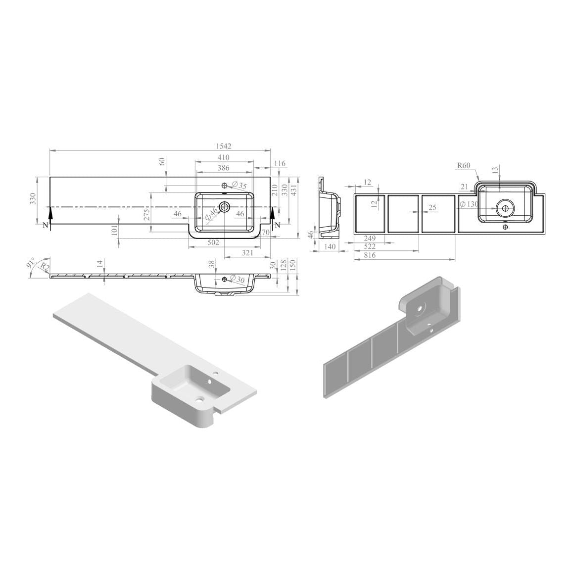 Pack Lavabo, WC et 3 tiroirs en cèdre 1542 mm (LH) - Gris graphite mat
