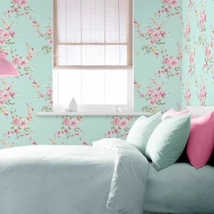 Muriva Canterbury Floral Duck Egg & Pink Wallpaper (165500)