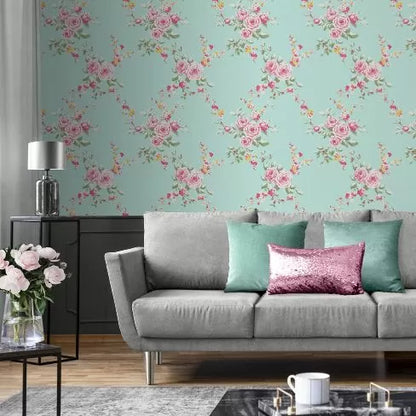 Muriva Canterbury Floral Duck Egg & Pink Wallpaper (165500)