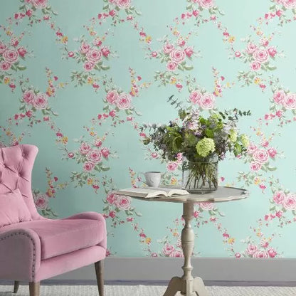 Muriva Canterbury Floral Duck Egg & Pink Wallpaper (165500)