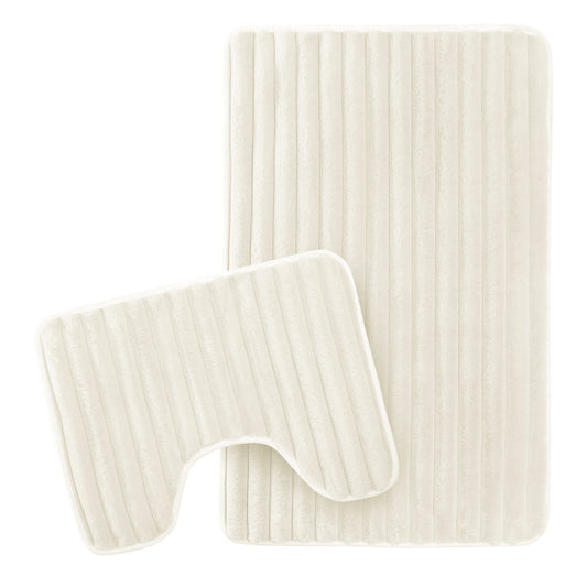 2 Piece Ribbed Bath Mat Set in Cream Extra Soft Non Slip Super Absorbent Bathroom & Toilet Mats Easy Care Rug by OLIVIA ROCCO
