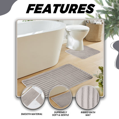 2 Piece Ribbed Bath Mat Set in Natural Extra Soft Non Slip Super Absorbent Bathroom & Toilet Mats Easy Care Rug by OLIVIA ROCCO