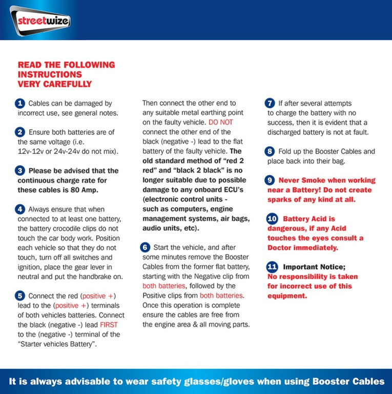 Streetwize Booster Cable with Metal Crocodile Clips 2m/150 Amp