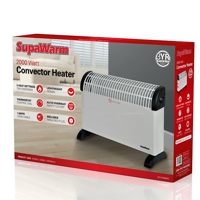 SupaWarm Convector Heater 2000w Size: 535mm(w)x200mm(d)x385mm(h)