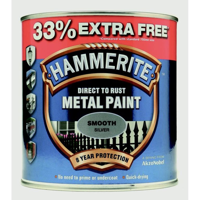 Hammerite Metal Paint Smooth 750ml + 33% Free Silver