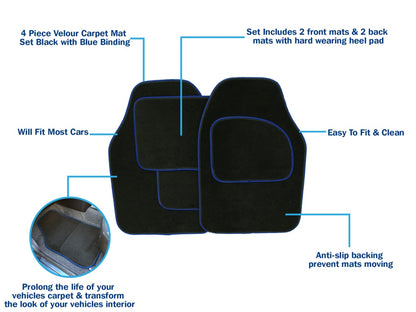 Streetwize Velour Carpet Mat Sets with Coloured Binding - 4 Piece