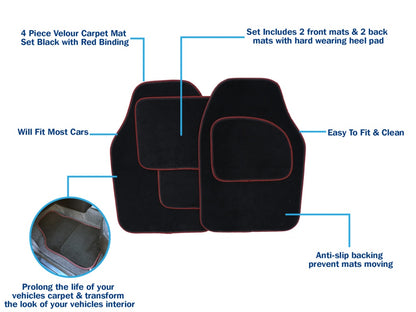 Streetwize Velour Carpet Mat Set with Coloured Binding - 4 Piece Black/Red