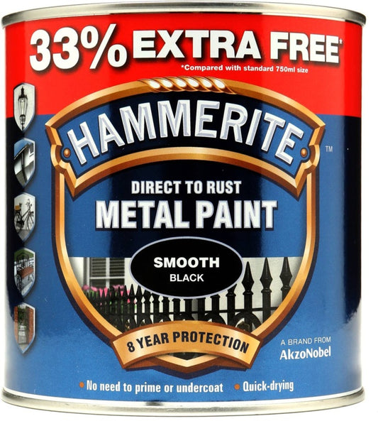 Peinture Métallique Hammerite Lisse 750ml + 33% Noir Offert