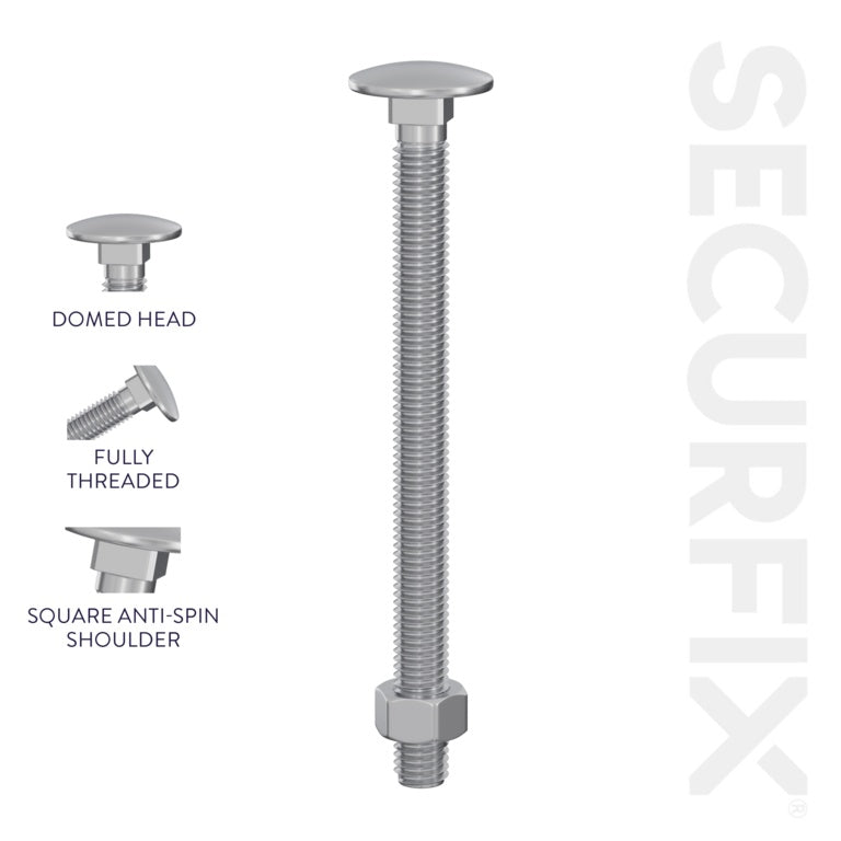 Securfix Carriage Bolts With Hex Nuts M10 x 5 15/16"-M10 x 150mm | Pack of 50