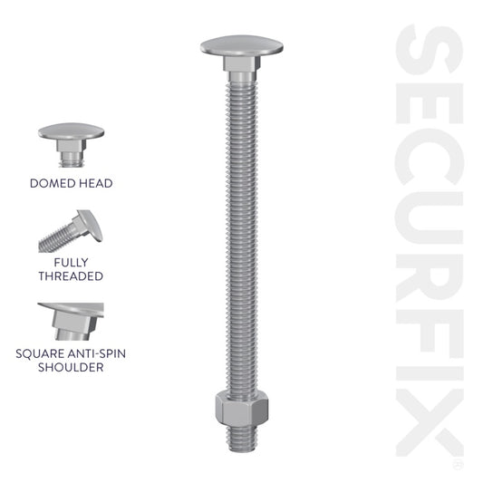 Securfix Carriage Bolts With Hex Nuts M10 x 5 15/16"-M10 x 150mm | Pack of 50