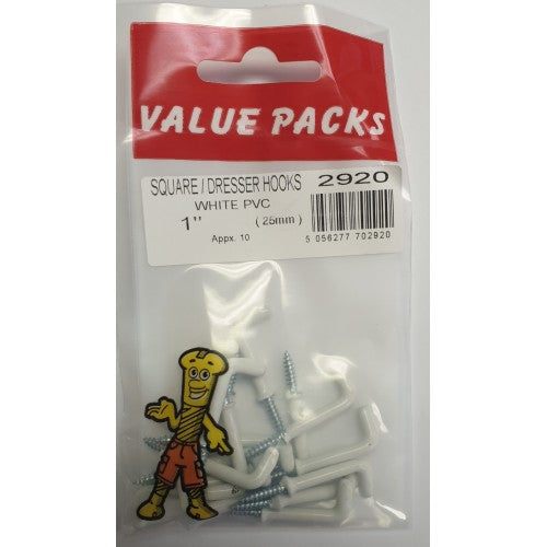 Fast Pak 1" SQUARE PVC DRESSER HOOKS WHITE