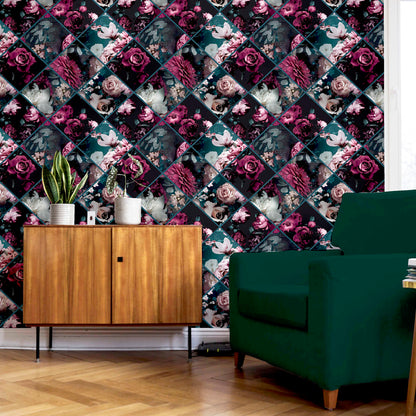 Arthouse Floral Collage Plum & Teal Wallpaper