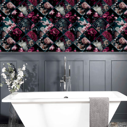 Arthouse Floral Collage Plum & Teal Wallpaper