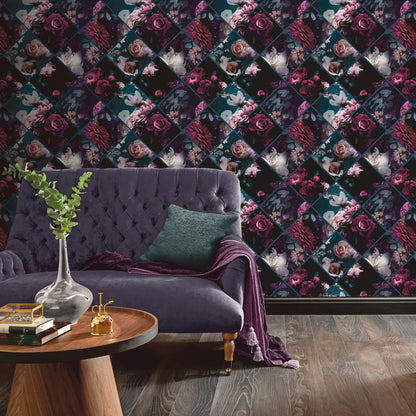 Arthouse Floral Collage Plum & Teal Wallpaper