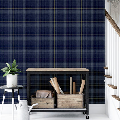 Arthouse Twilled Plaid Navy/Gold Wallpaper