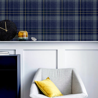 Arthouse Twilled Plaid Navy/Gold Wallpaper