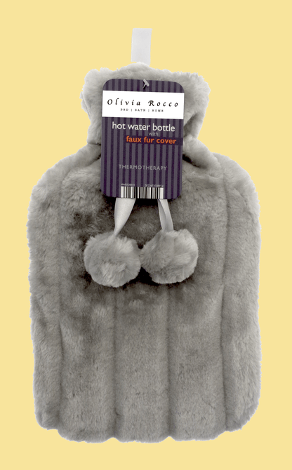 2L Soft Plush Hot Water Bottle with Faux Fur Pom Pom Cover for Warmth Durable Natural Rubber UK Safe Tested Cozy Winter Comfort Ideal Gift for Adults Kids by OLIVIA ROCCO