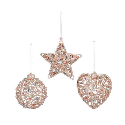 Premier Jewelled Shape 3 Assorted Ball/Heart/Champagne/Gold