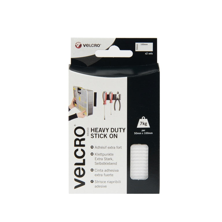 VELCRO® Heavy Duty Stick On Strips – 50mm x 100mm (2 Sets, White)