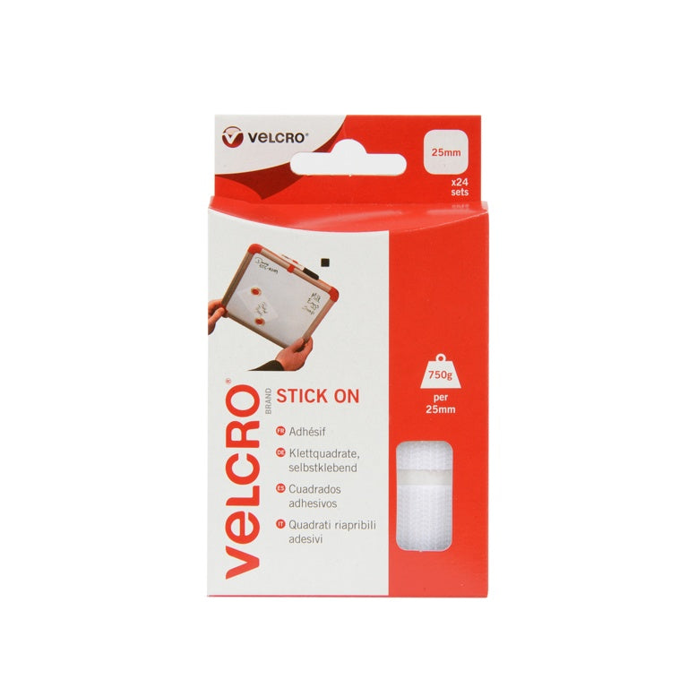 VELCRO® Brand Stick On Squares 25mm White 24 Sets