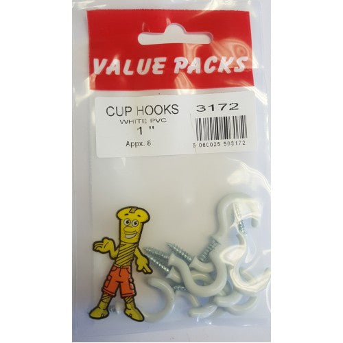 Fast Pak 1'' (25mm) CUP HOOKS WHITE PVC