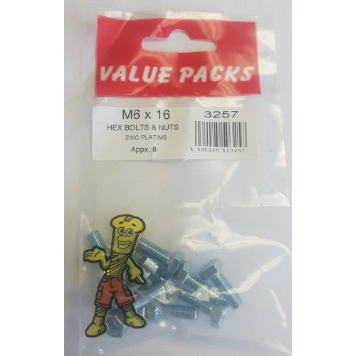 Fast Pak M6 X 16 HEX BOLTS & NUTS ZINC