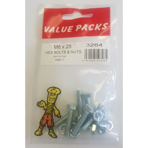 Fast Pak M6 X 25 HEX BOLTS & NUTS ZINC