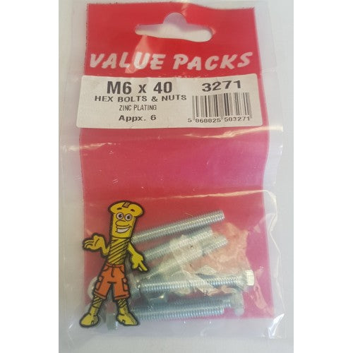 Fast Pak M6 X 40 HEX BOLTS & NUTS ZINC