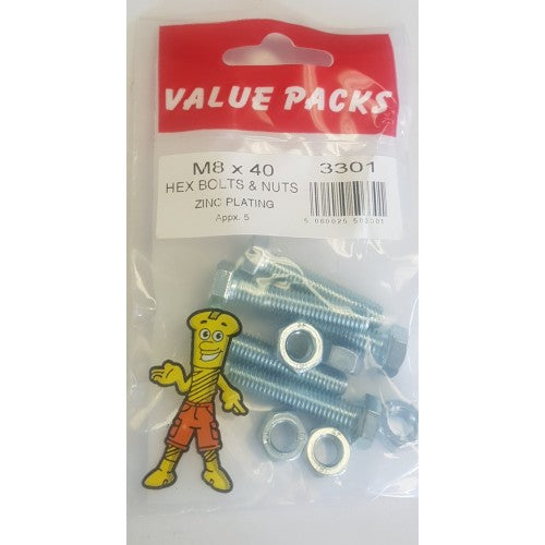 Fast Pak M8 X 40 HEX BOLTS & NUTS ZINC