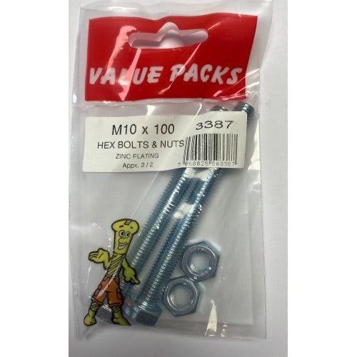 Fast Pak M10 X 100 HEX BOLTS & NUTS ZINC