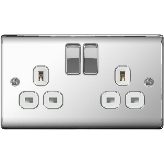 BG 13a 2 Gang Switch Socket Polished Chrome With White Inserts