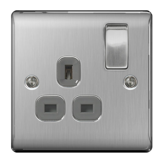 NEXUS Brushed Steel Switched Socket 13a Black Inset