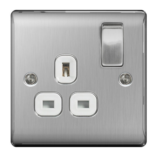 NEXUS Brushed Steel Switched Socket 13a White Inset