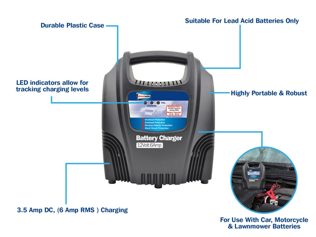 Streetwize Compact Battery Charger 6amp 12v
