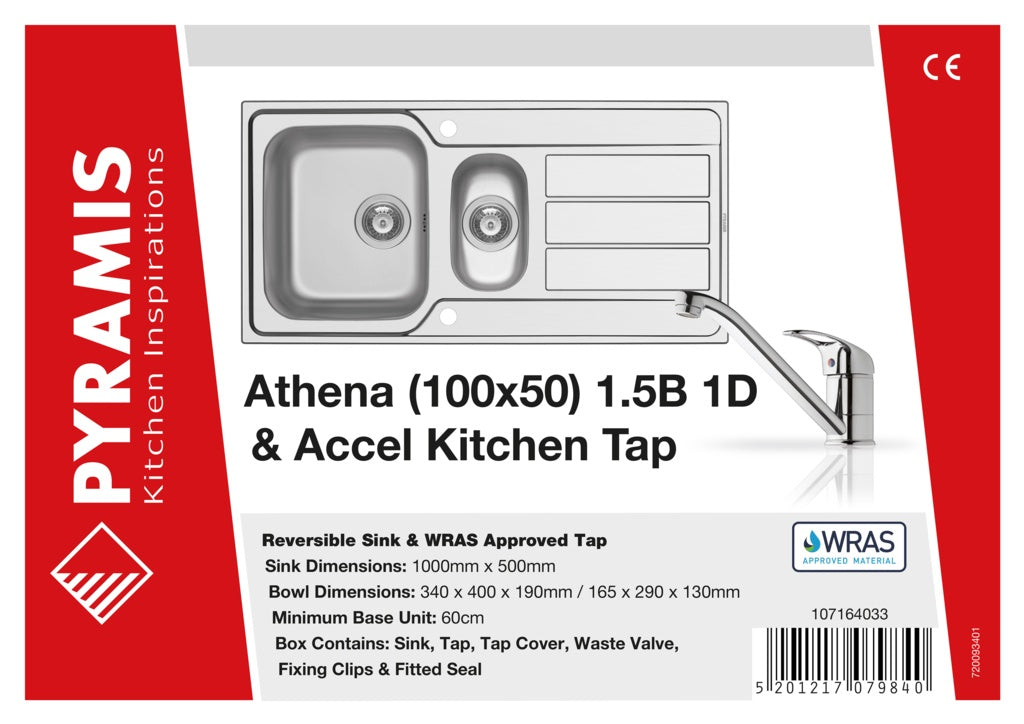 Pyramis Athena Stainless Steel 1.5 Bowl Sink & Tap 1000 x 500mm
