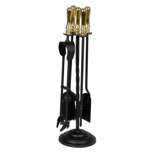 Hearth & Home Black Companion Set With Round Base / Brass Handles 5 Piece