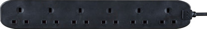 Masterplug 6 Gang Black Extension Lead With 2m Cable