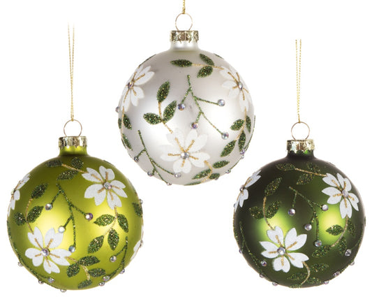 Premier Glass Painted Flower Ball White Green